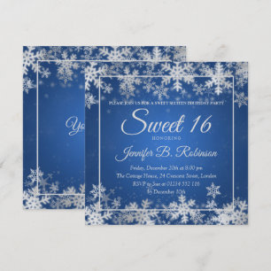 Winter Sweet 16 Birthday Blue Silver Snowflakes Invitation