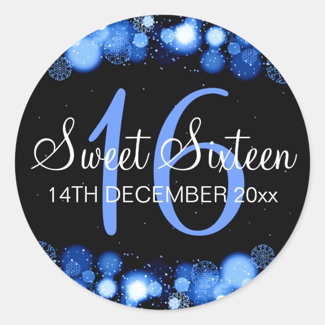 Winter Sweet 16 Birthday Party Blue Bokeh Lights Classic Round Sticker (Front)