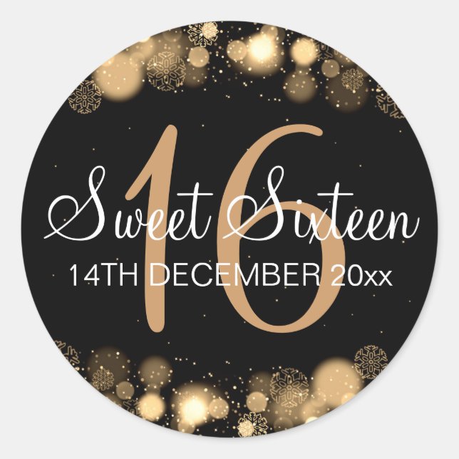 Winter Sweet 16 Birthday Party Gold Bokeh Lights Classic Round Sticker (Front)