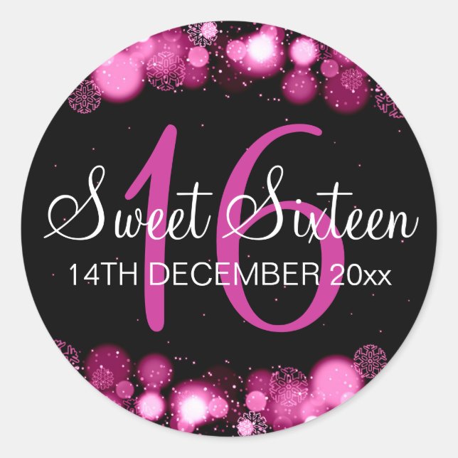 Winter Sweet 16 Birthday Party Pink Bokeh Lights Classic Round Sticker (Front)