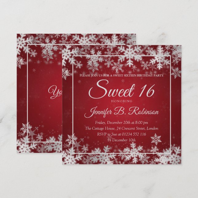 Winter Sweet 16 Birthday Red Silver Snowflakes Invitation (Front/Back)