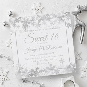 Winter Sweet 16 Birthday Silver Foil Snowflakes Invitation