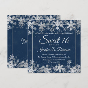 Winter Sweet 16 Birthday Silver Navy Snowflakes Invitation