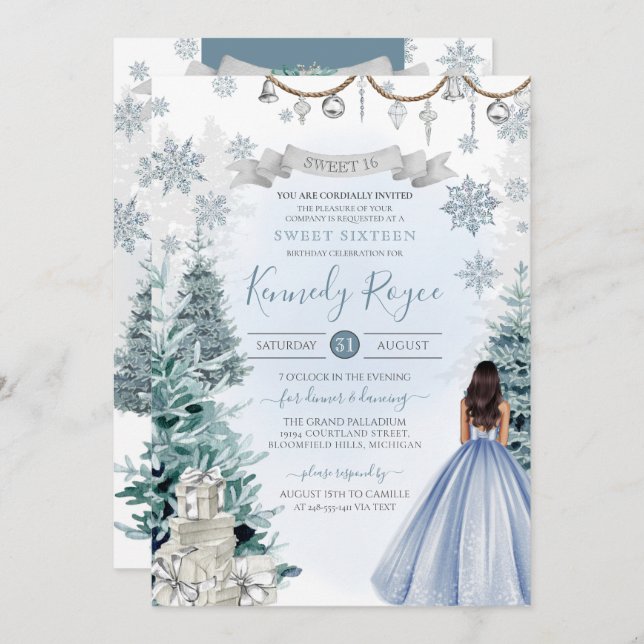 Winter Sweet 16 Holiday Birthday Silver and Blue Invitation (Front/Back)