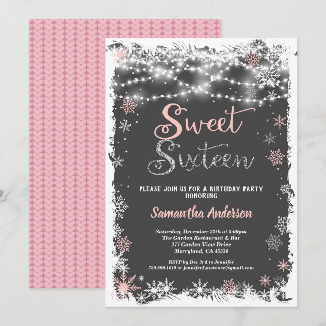 Winter sweet 16 sixteen snowflake chalkboard invitation (Front/Back)