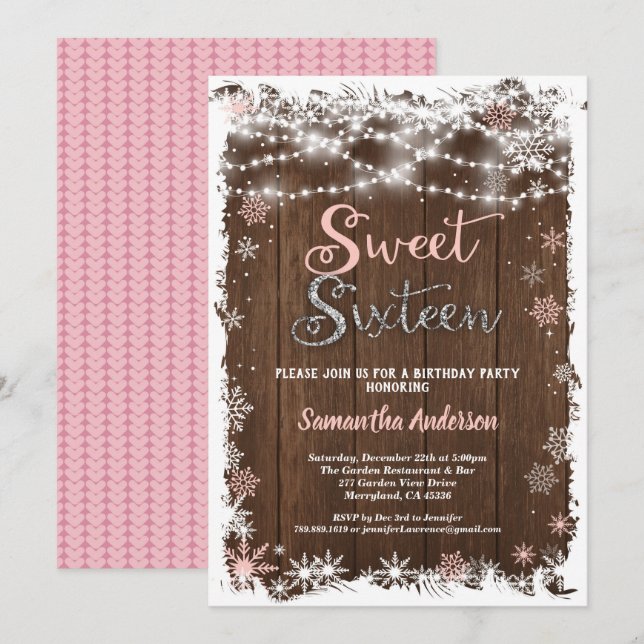 Winter sweet 16 sixteen snowflake rustic wood invitation (Front/Back)