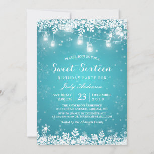 Winter Sweet 16 Sixteen Turquoise Snowflake Lights Invitation