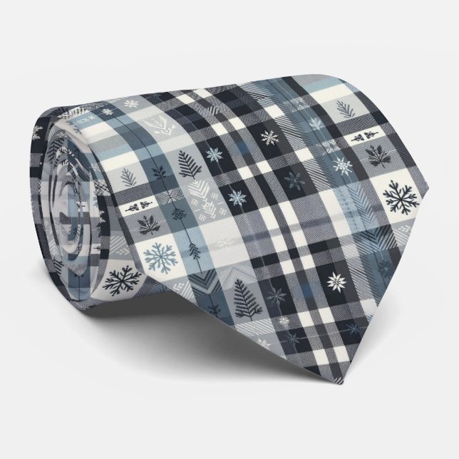 Winter Tartan with Christmas Tree Black White  Tie (Rolled)
