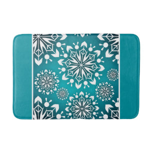 Winter Teal and White Snowflakes Bath Mat