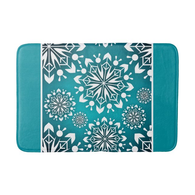 Winter Teal and White Snowflakes Bath Mat (Front)