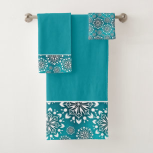 Winter Teal and White Snowflakes Bath Towel Set