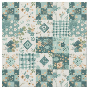 Winter Teal Blue Patchwork Vintage Quilt Fabric