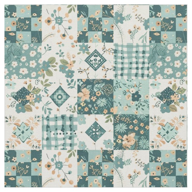 Winter Teal Blue Patchwork Vintage Quilt Fabric (Close Up)