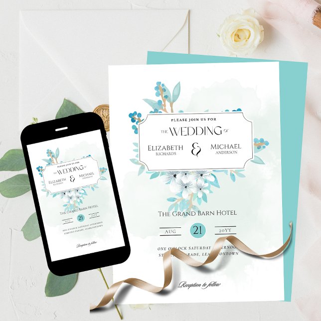 Winter Teal Floral Print or Digital Wedding Invita Invitation (Creator Uploaded)