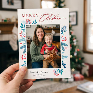 Winter Teal Leaves Floral Berries Christmas Photo Holiday Card