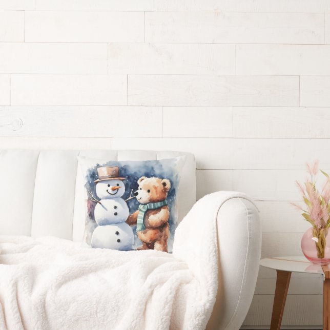 Winter Teddy Bear And Snowman Cushion (Couch)