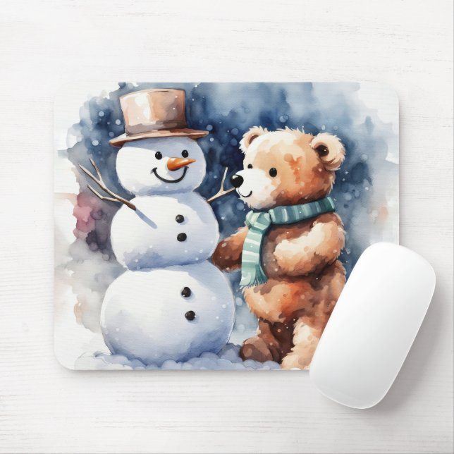 Winter Teddy Bear And Snowman Mouse Mat (With Mouse)