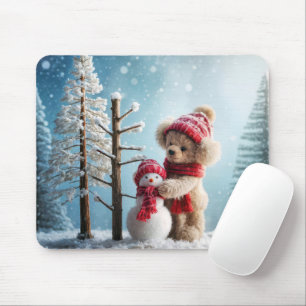 Winter Teddy Bear and Snowman Mouse Mat