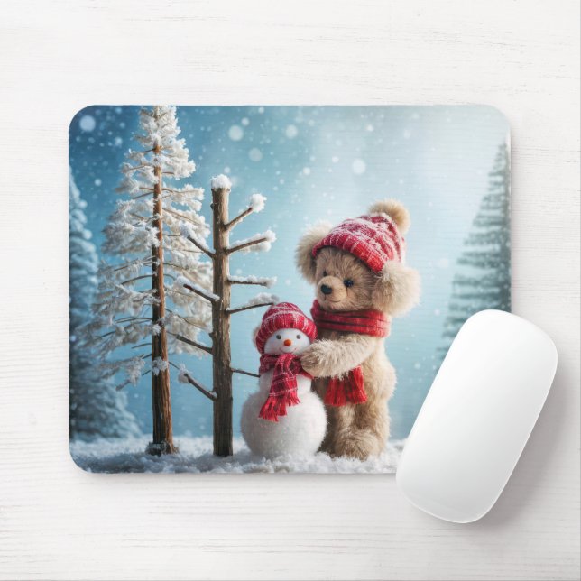 Winter Teddy Bear and Snowman Mouse Mat (With Mouse)