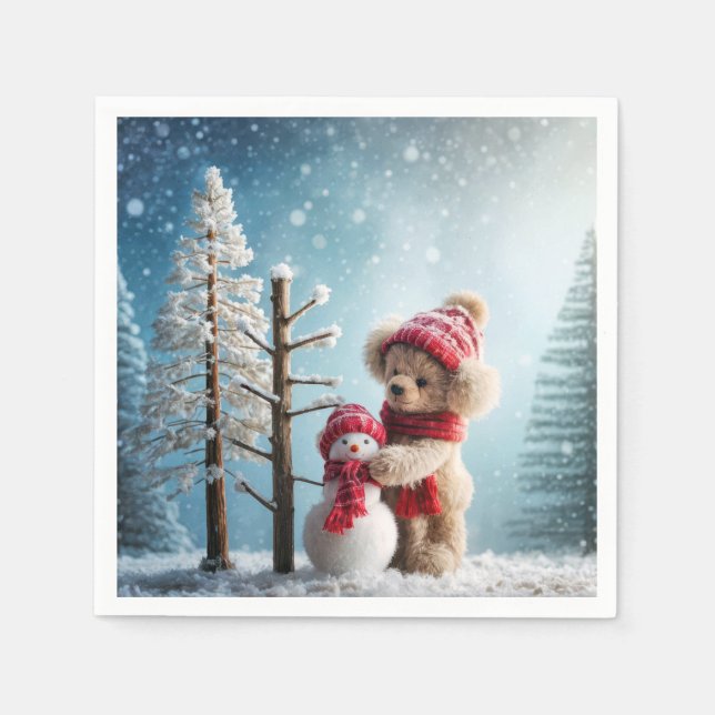 Winter Teddy Bear and Snowman Napkin (Front)