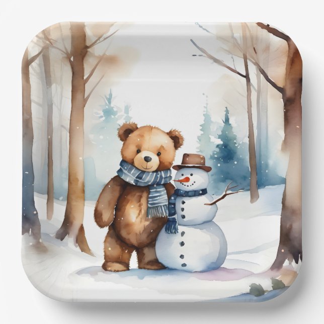 Winter Teddy Bear And Snowman Paper Plate (Front)