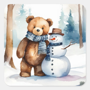 Winter Teddy Bear And Snowman Square Sticker