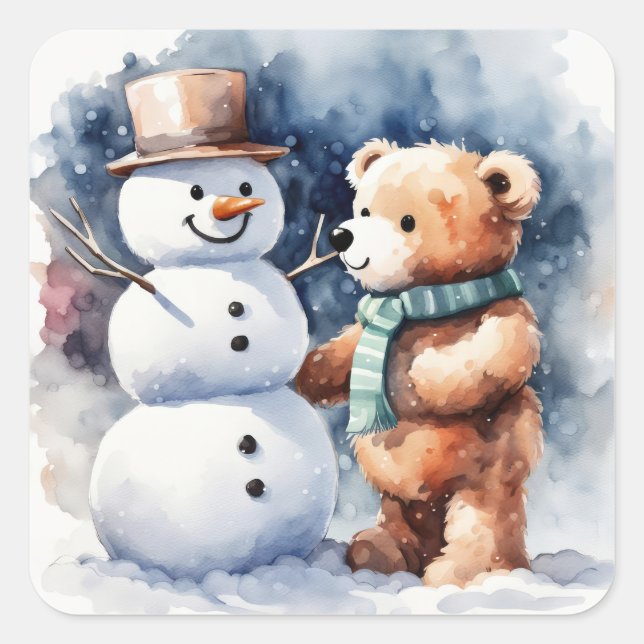 Winter Teddy Bear And Snowman Square Sticker (Front)