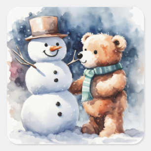 Winter Teddy Bear And Snowman Square Sticker