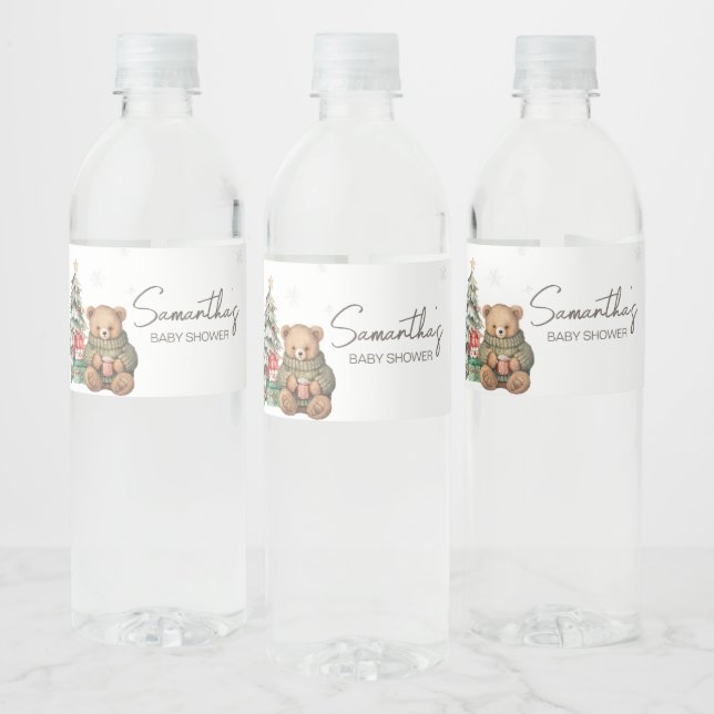 Winter Teddy Bear Baby Shower Water Bottle Label (Bottles)