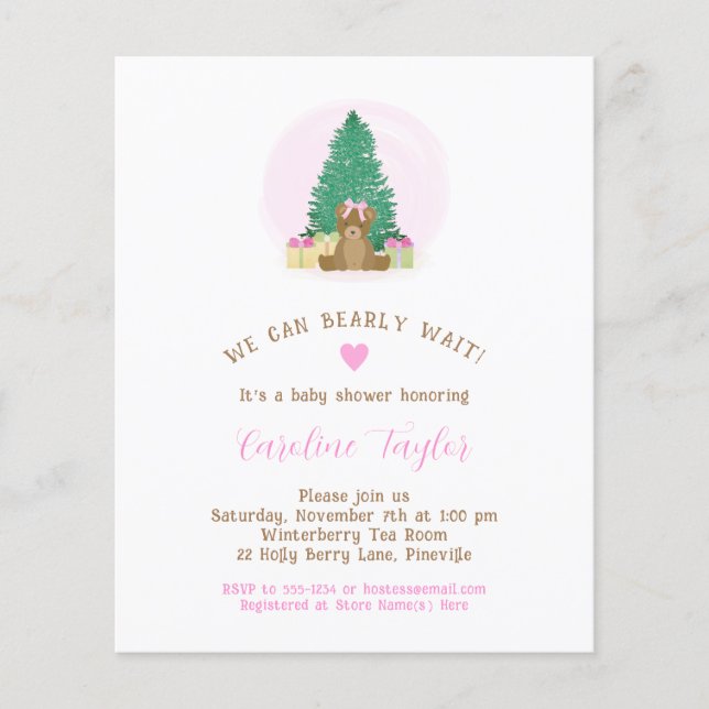 Winter Teddy Bear Girl Baby Shower Invite (Front)