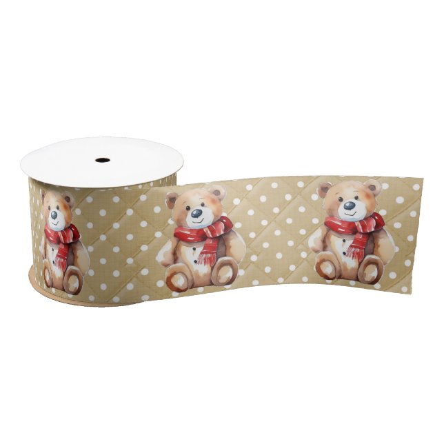 Winter Teddy Bear On Polka Dots Satin Ribbon (Spool)