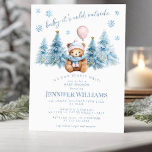 Winter Teddy Bear Pine Trees Baby Girl Shower Invitation