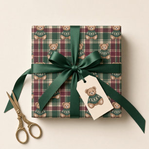 Winter Teddy Bear Ski Lodge Burgundy Bow Wrapping Paper