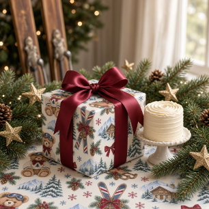 Winter Teddy Bear Ski Lodge Burgundy Bow Wrapping Paper