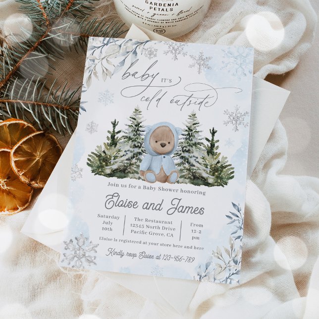 Winter Teddy Bear Snowflakes Blue Boy Baby Shower Invitation (Creator Uploaded)