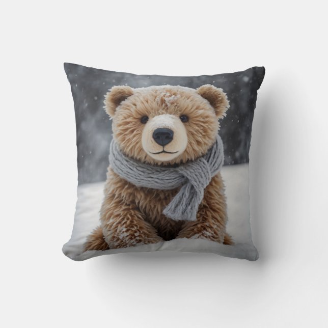 Winter Teddy Bear Throw Pillow (Front)