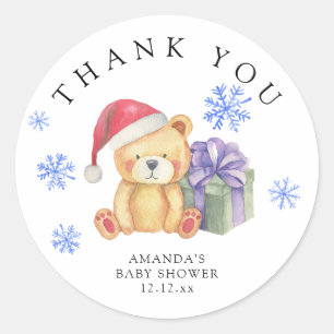 Winter teddy bear with xmas gift - thank you classic round sticker