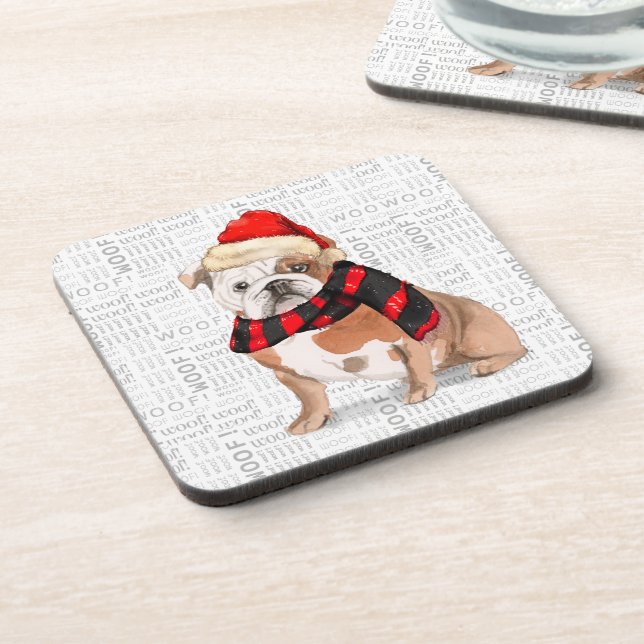 Winter Theme English Bulldog Woof Word Art Coaster (Left Side)