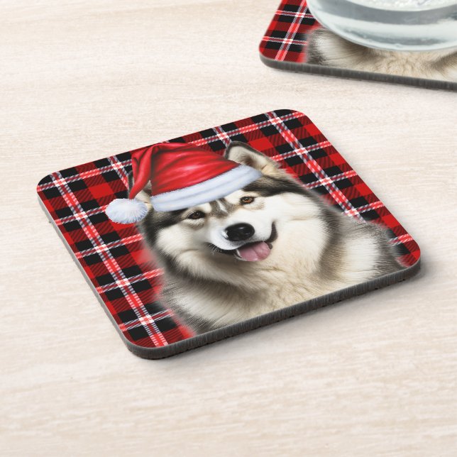 Winter Themed Alaskan Malamute Holiday Plaid Coaster (Left Side)