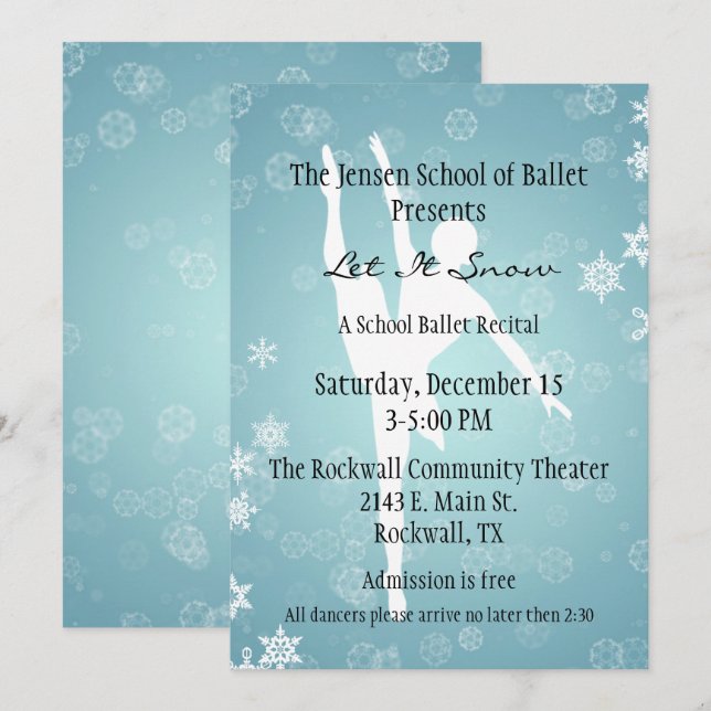 Winter Themed Ballet Dance Recital Invitation (Front/Back)