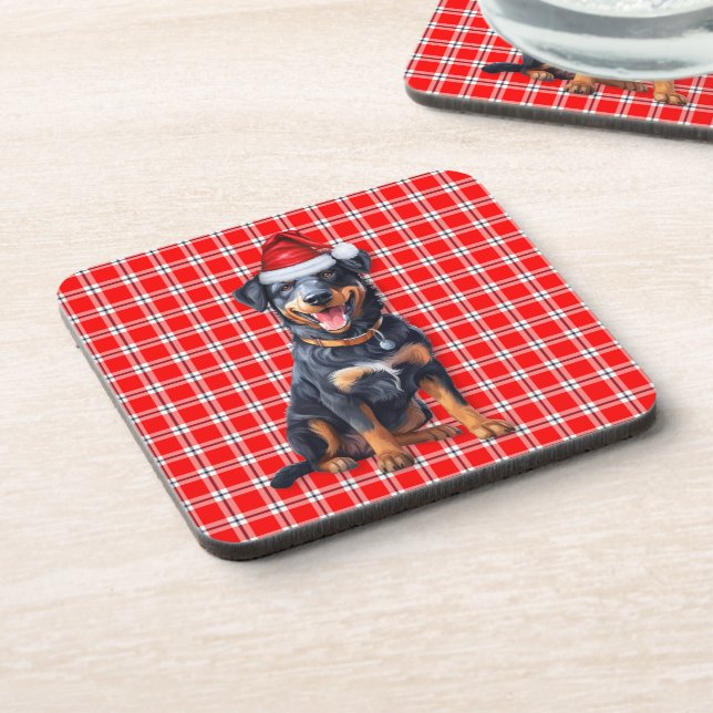Winter Themed Beauceron Red Plaid Holiday Coaster (Left Side)