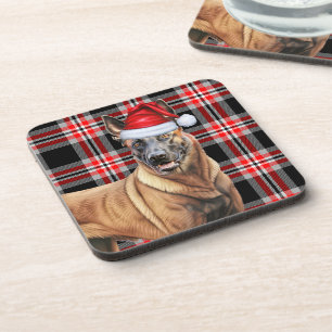 Winter Themed Belgian Malinois Red Plaid Holiday Coaster