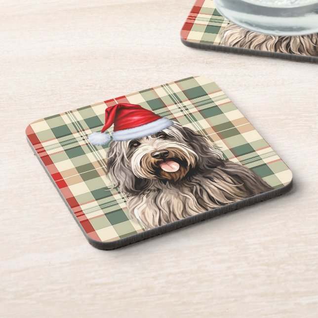 Winter Themed Bergamasco Dog Holiday Plaid Coaster (Left Side)