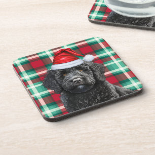 Winter Themed Black Labradoodle Holiday Plaid Coaster