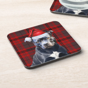 Winter Themed Bluenose Pitbull Red Holiday Plaid Coaster