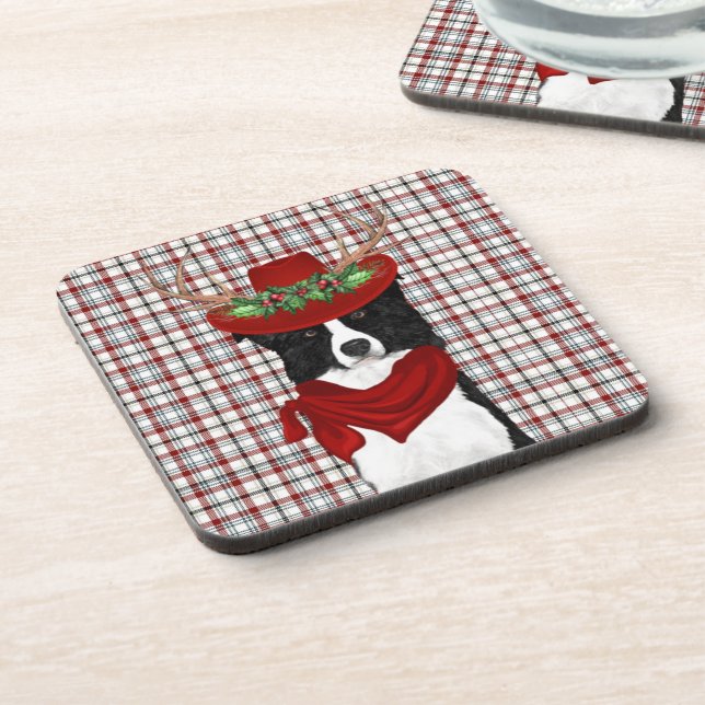 Winter Themed Border Collie Western Plaid Holiday Coaster (Left Side)