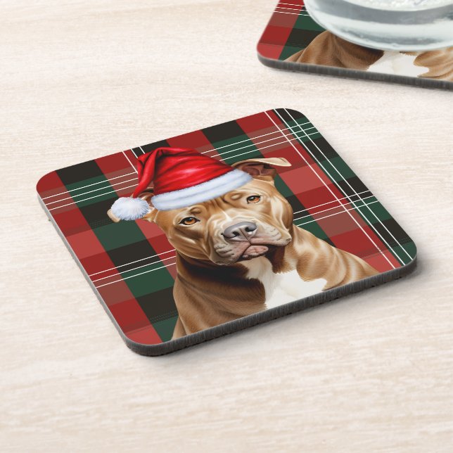 Winter Themed Brown Pitbull Dog Red Holiday Plaid Coaster (Left Side)
