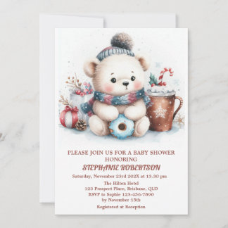Winter themed cute bear toy coffee watercolor art invitation