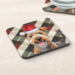 Winter Themed Lakeland Terrier Holiday Plaid Coaster