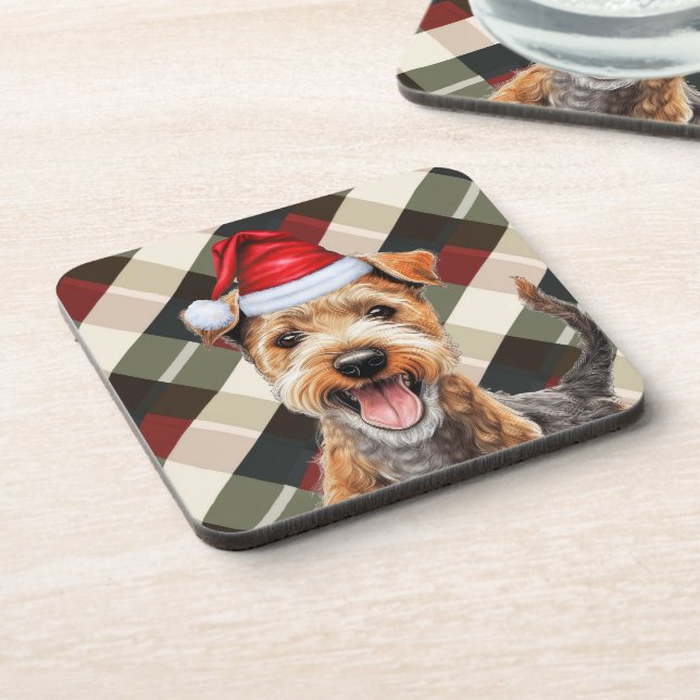 Winter Themed Lakeland Terrier Holiday Plaid Coaster (Left Side)